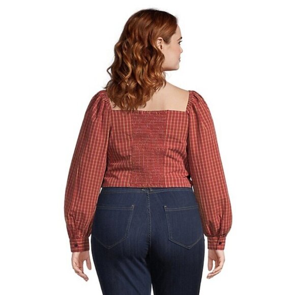 LEVI'S Trendy Plus Size Devin Cotton Red Plaid Ruched Balloon-Sleeve Top NWT - Picture 2 of 6
